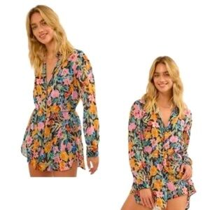 NEW Promesa San Juan Sunset Floral Chiffon Button-Front Shirt Romper